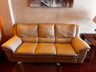 Sofá de 3 plazas beige de piel