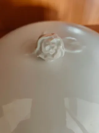 Sopera de porcelana blanca con adorno de rosa