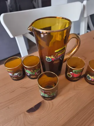Jarra y 6 Vasos Vintage Ámbar
