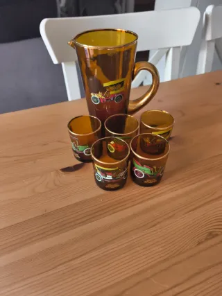 Jarra y 6 Vasos Vintage Ámbar