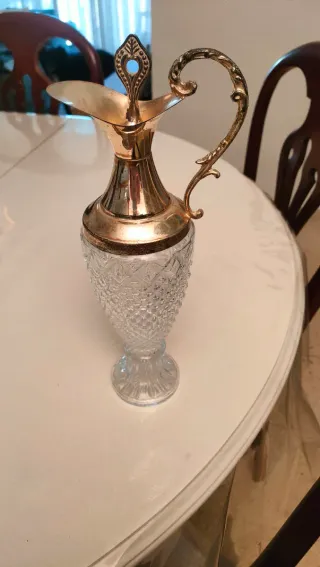 Jarra Vintage Vidrio Texturizado Metal Dorado