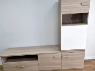 Mueble TV salón + mini bar madera y cristal