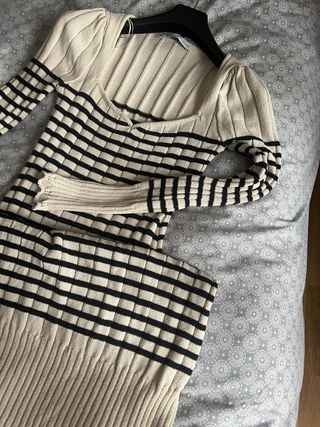 Vestido punto midi rayas crudo/marino