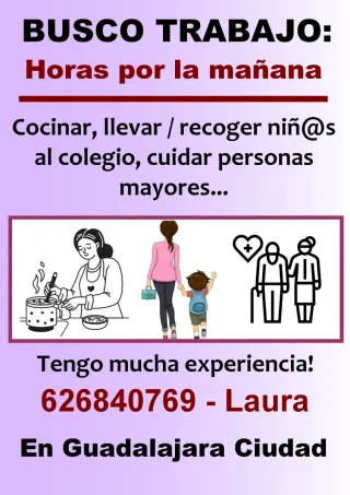 Cuidado de niños. Cuidado de ancianos. Cocinar.
