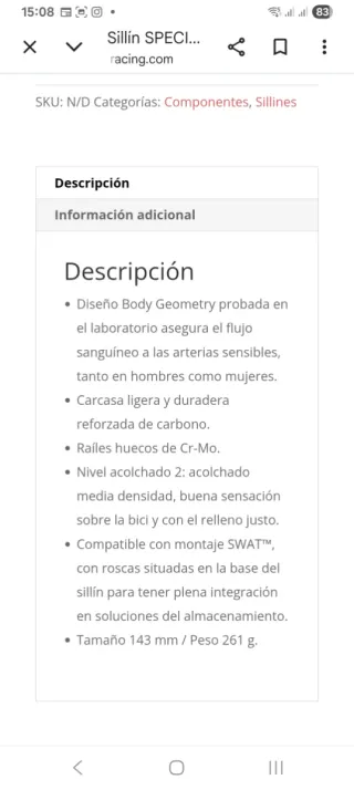 Sillín Specialized Bridge Comp Hollow Cr-mo 143mm.