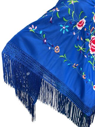 Mantón Flamenco Azul Eléctrico Bordado Flores