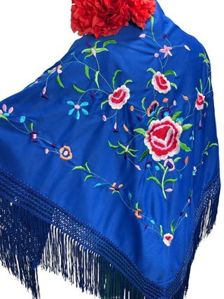 Mantón Flamenco Azul Eléctrico Bordado Flores