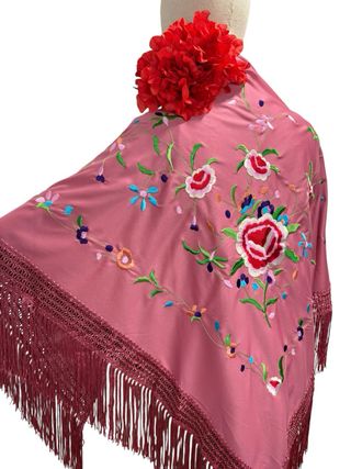 Mantón Flamenco Rosa Maquillaje con Multicolores