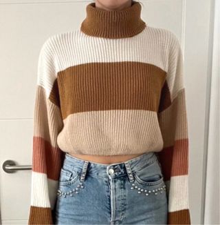 Jersey crop cuello alto rayas grueso