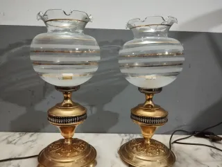 Pareja Lámparas Antiguas Doradas Cristal