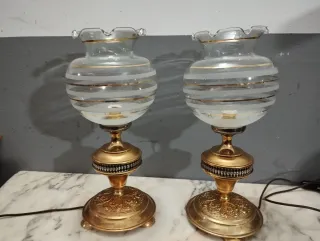 Pareja Lámparas Antiguas Doradas Cristal