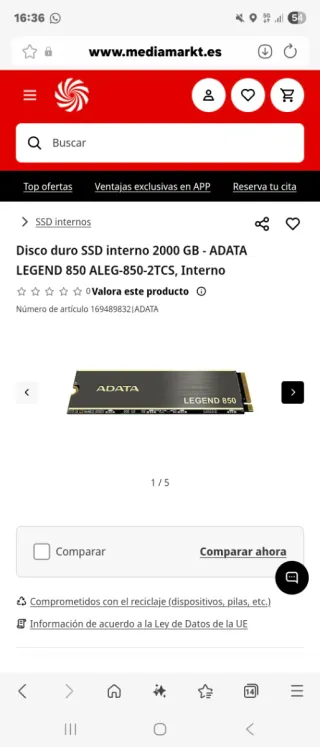 Disco Duro ADATA Legend 850 2TB M.2 NVMe
