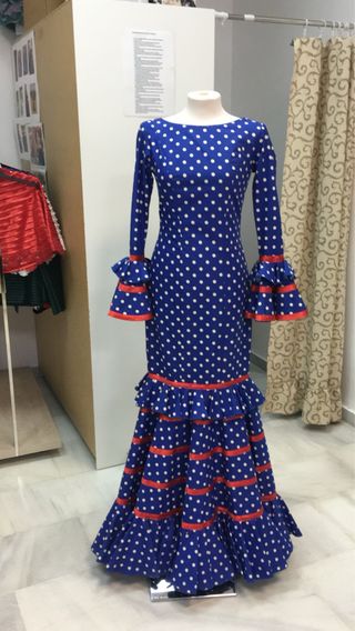 Vestido de flamenca, lunares azul y rojo, Talla 38