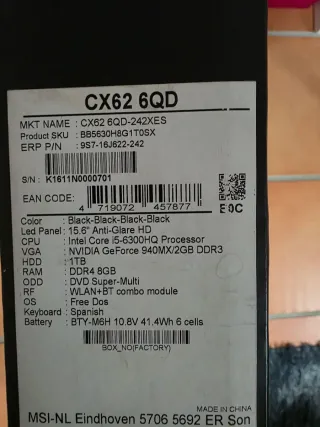 Portátil MSI CX600 Negro