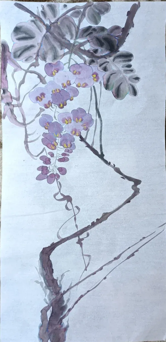 Acuarela floral morada y hojas