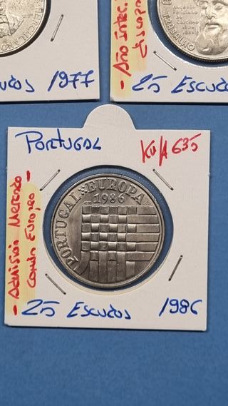 3 Monedas Portugal 25 Escudos 1977 1982 1986