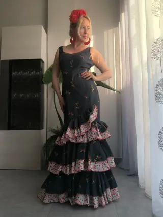 Vestido Flamenca Azul con Flores Rosas