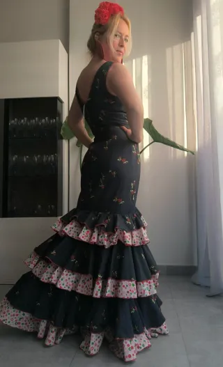 Vestido Flamenca Azul con Flores Rosas