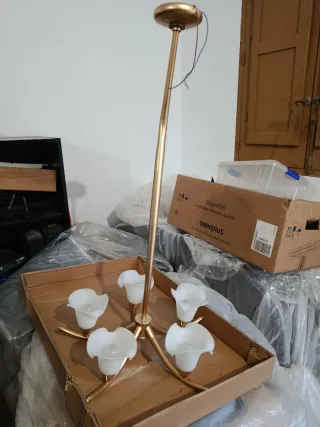 Lámpara de salón dorada con tulipas