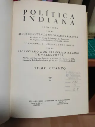 Política Indiana - Juan de Solórzano (5 Tomos)