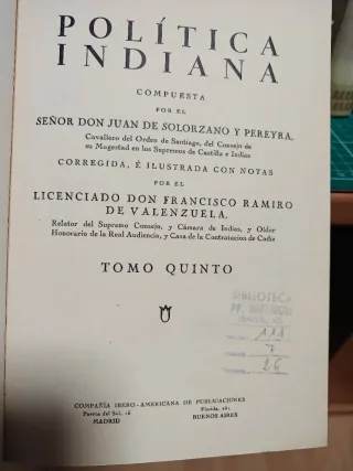 Política Indiana - Juan de Solórzano (5 Tomos)