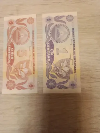2 Billetes Nicaragua 1 y 5 Centavos