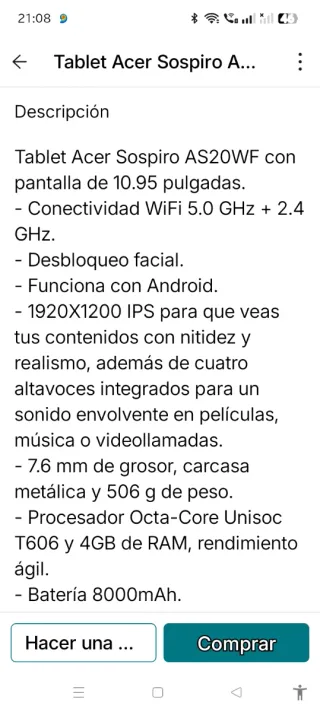 Tablet Acer Sospir AS20WF 10.95 Nueva en Caja .