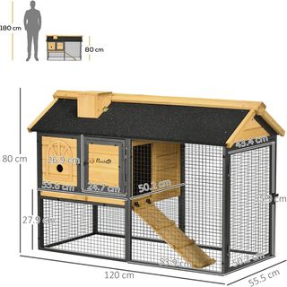Conejera de Madera de Abeto y Acero de 2 Niveles, Jaula para Conejos con Bandeja Extraíble y Área de Carrera, 120X55.5X80 Cm, Amarilla y Negra