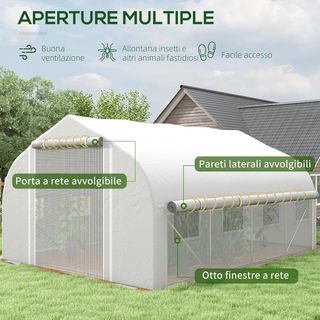 Invernadero de Jardín 4X3M, Invernadero de Túnel con Cubierta de PE y Paredes Enrollables, Puerta y 8 Ventanas de Red, Incluye Etiquetas y Guantes, Blanco