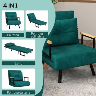 Sillón Cama 4 en 1, Sillón Plegable Con Respaldo Regulable en 5 Posiciones, Sofá Cama Con Cojín, Asiento Acolchado, en Terciopelo para Casa y Oficina, 63X73X81 Cm, Verde