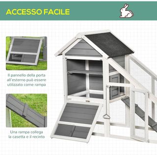 Conejera de Madera con Área Abierta y Rampa, Jaula para Conejos con Fondo Extraíble y Puertas, 140X65X120 Cm, Gris