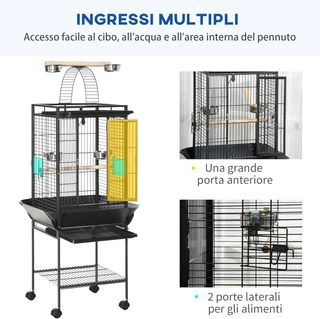 Jaula para Pajaritos Con 2 Posaderos de Madera y Escalera Arqueada, Jaula para Aves de Acero con Múltiples Entradas, 62.5X62.5X156 Cm, Gris