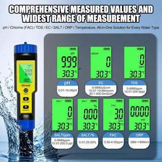Medidor 7 en 1 pH, Cloro, TDS, EC, Sal, ORP y Temp