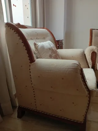 Sofá y 2 sillones tela y madera