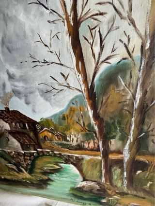 Pintura al óleo de pueblo antiguo