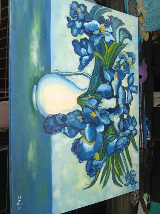 Cuadro pintado acrílico flores azules