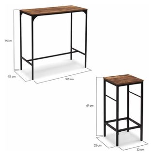 Mesa Alta Bar + 2 Taburetes Madera y Metal