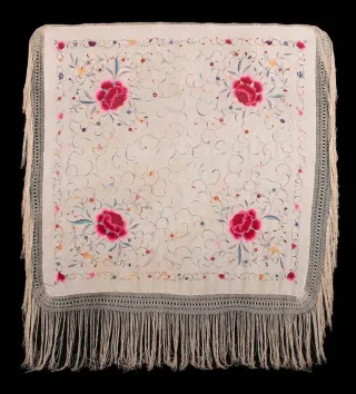 Mantón de Manila bordado floral con flecos