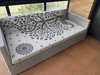 Mesa de jardín baja de mimbre y cristal