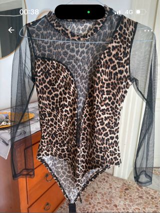 Body leopardato con maniche in tulle