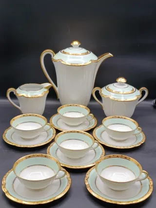 Juego de café Limoges porcelana oro verde
