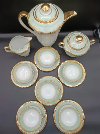 Juego de café Limoges porcelana oro verde