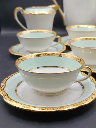 Juego de café Limoges porcelana oro verde