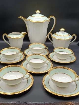 Juego de café Limoges porcelana oro verde