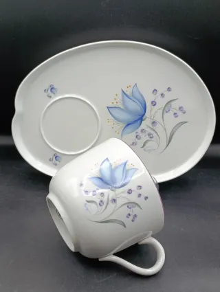 Tazón y plato porcelana Limoges con flores azules