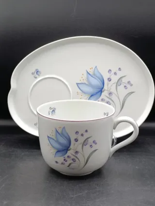 Tazón y plato porcelana Limoges con flores azules