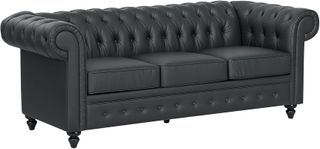 Sofá de 3 Plazas Estilo Chesterfield en Piel Sintética, Sofá de Salón Acolchado con Brazos y Acolchado Grueso, Sofá con Patas de Madera de Caucho para Sala de Estar y Oficina, Negro