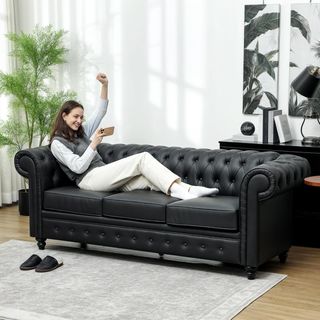 Sofá de 3 Plazas Estilo Chesterfield en Piel Sintética, Sofá de Salón Acolchado con Brazos y Acolchado Grueso, Sofá con Patas de Madera de Caucho para Sala de Estar y Oficina, Negro
