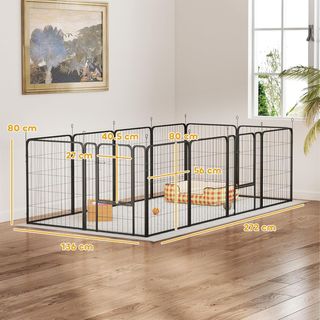 Recinto para Perros de 12 Paneles Modulares de 68X1.5X80 Cm con Puerta de Entrada, Recinto para Cachorros de Acero con 12 Estacas, Negro