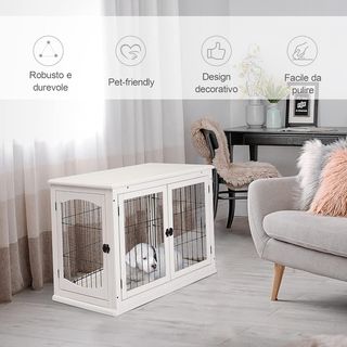 Caseta para Perros de Interior, Jaula para Animales de Madera y Metal con Doble Puerta, 58.5X81X66Cm, Blanco